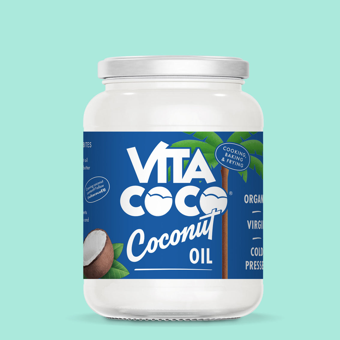 Vita Coco Coconut oil in a clear jar with a blue label